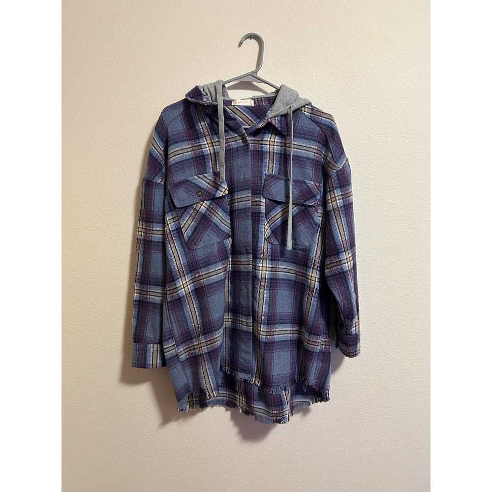 Altar'd State Plaid Long Sleeve Hoodie - Blue and Gray